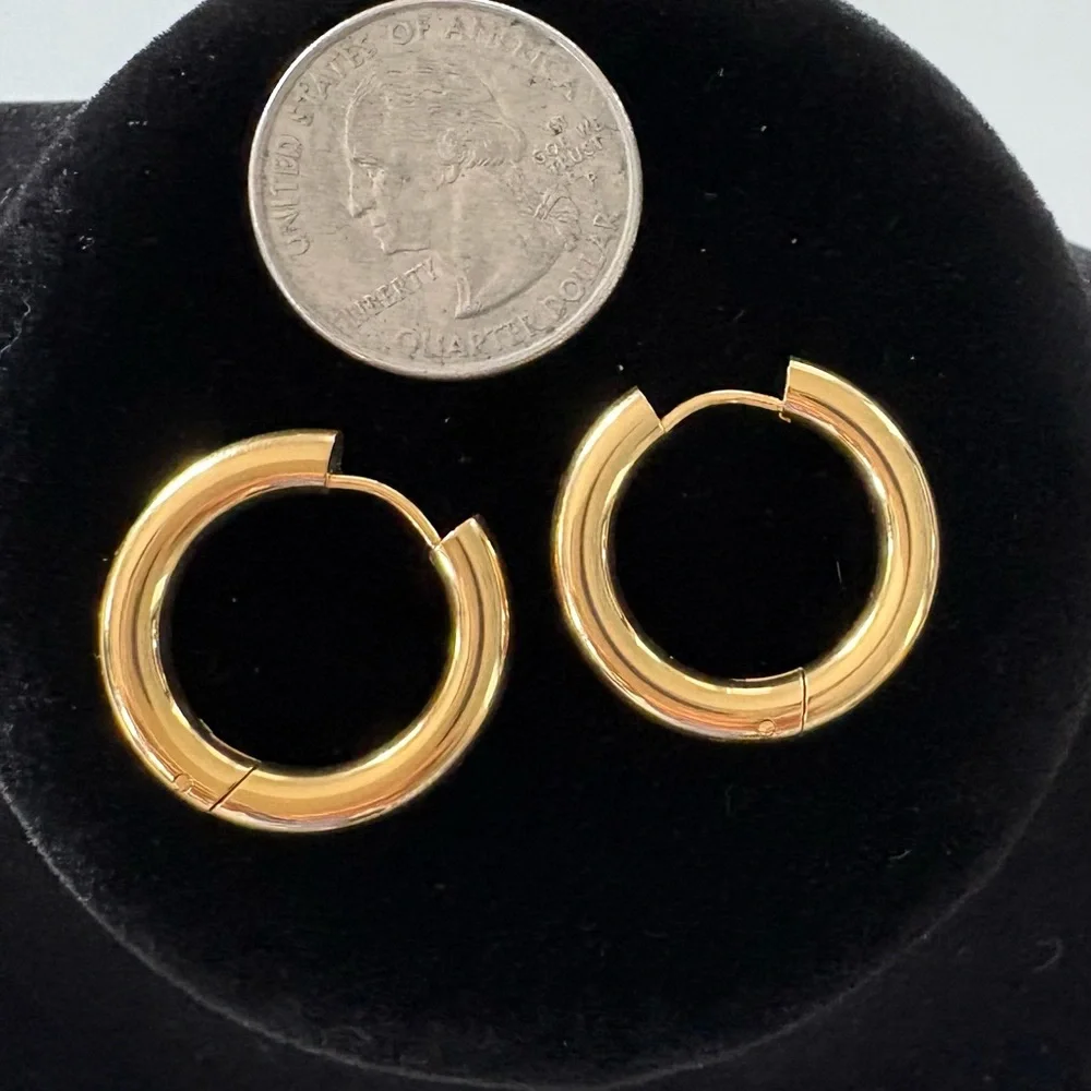 Gold hoop earrings; 18k PVD; hypoallergenic; waterproof and tarnish proof!